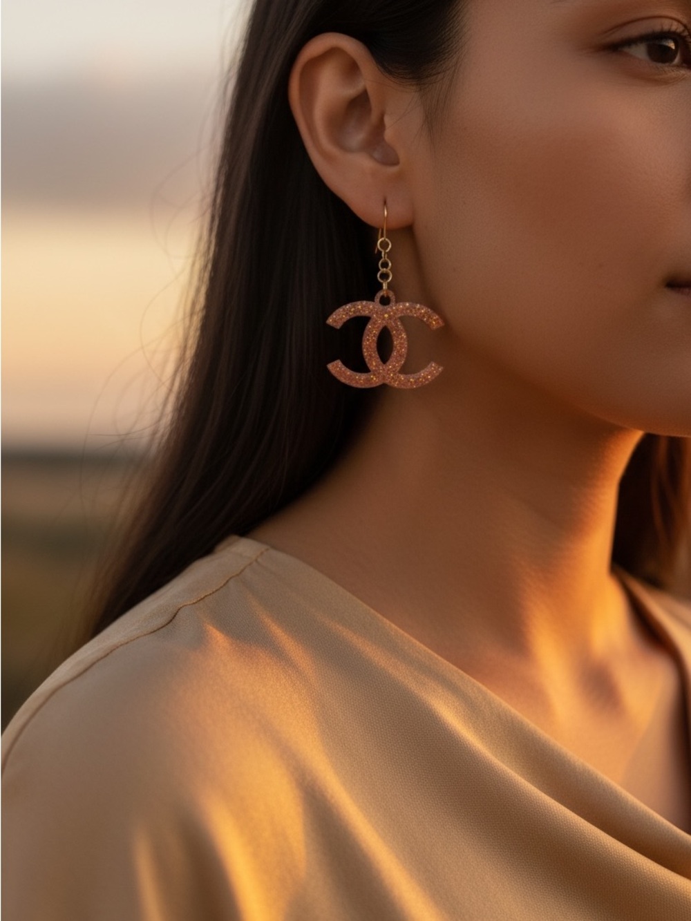 Designer-Inspired Gold-Tone Interlocking Logo Drop Earrings in Pink Glitter